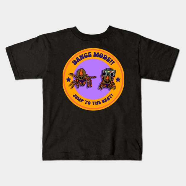 “Dance Mode! Jump To The Beat!” Dancing Jumping Spiders Kids T-Shirt by Tickle Shark Designs